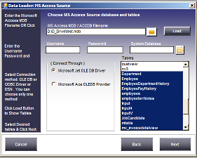 Select MS Access table you want to transfer